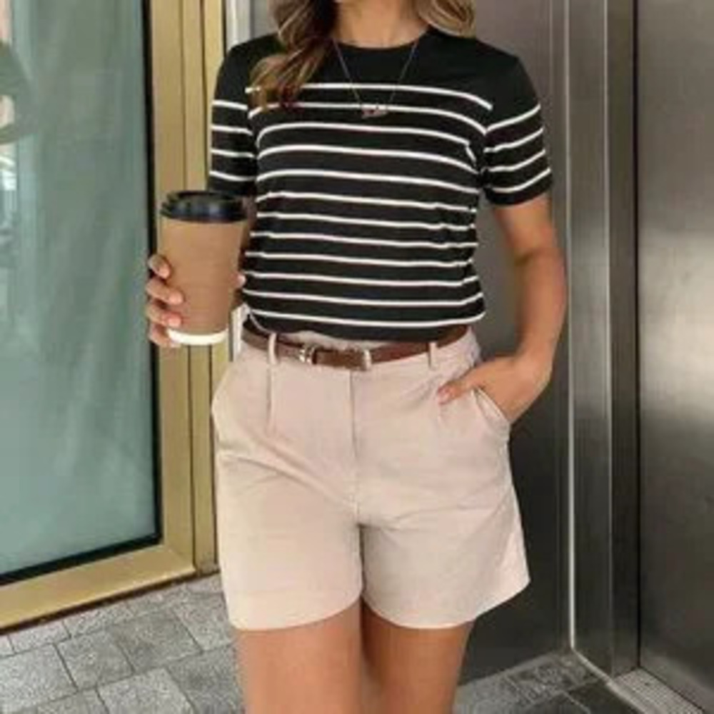 Black And White Casual Women's Striped Crew Neck Versatile Short Sleeve T-Shirt